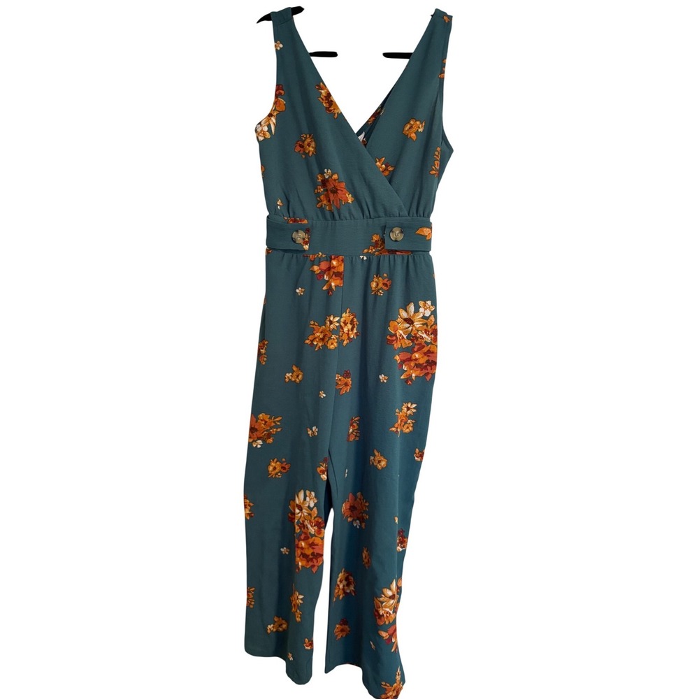 Xhilaration Teal Floral V-Neck Wide Leg Jumpsuit Sleeveless Smocked Back Medium
